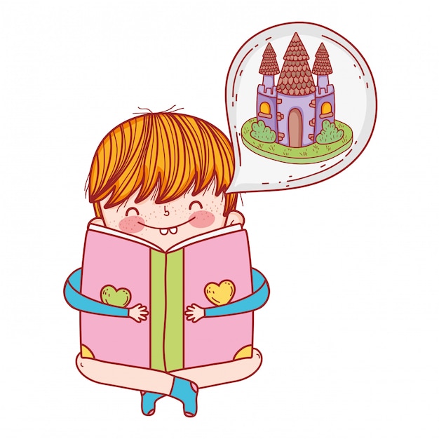 Libro de lectura feliz del niño pequeño con el castillo