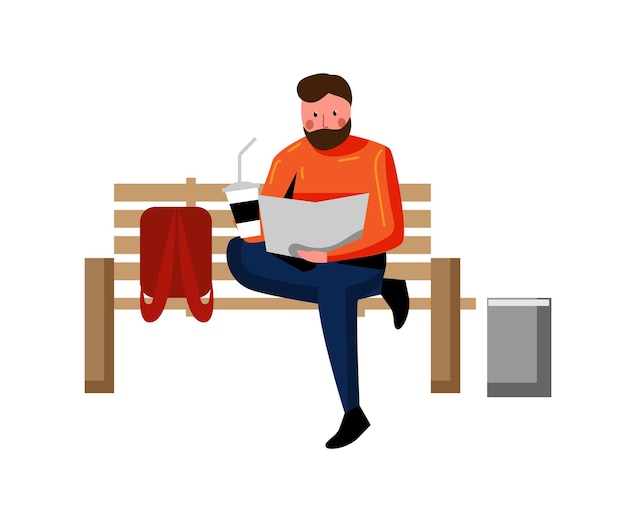 Libro de lectura independiente hombre en banco con café en blanco