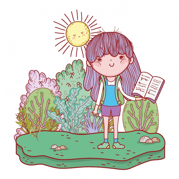 Vector libro de lectura de la muchacha con kawaii del sol en el campo