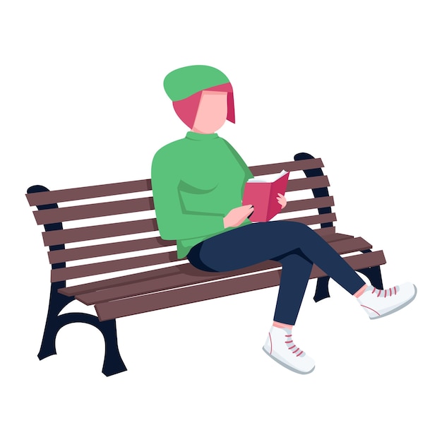 Libro de lectura de mujer joven en carácter de vector de color semi plano de banco