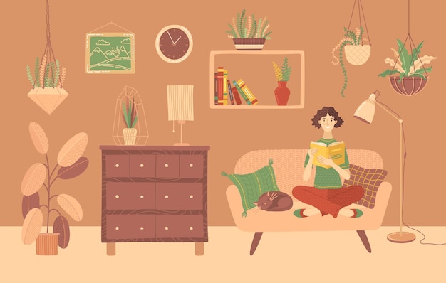 Libro de lectura de mujer joven en casa en el sofá