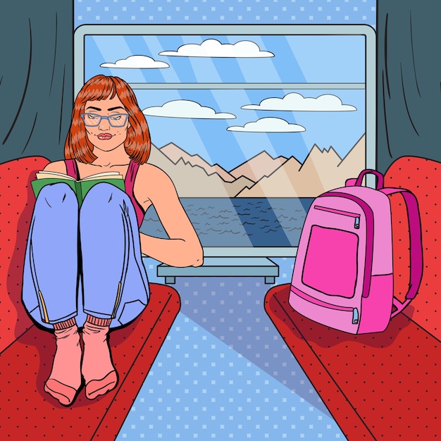 Libro de lectura de mujer joven en tren