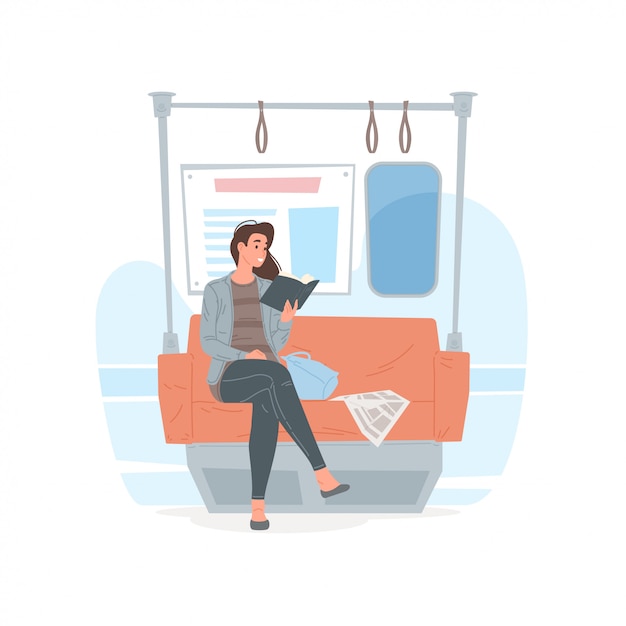 Libro de lectura de mujer moderna en tren subterráneo