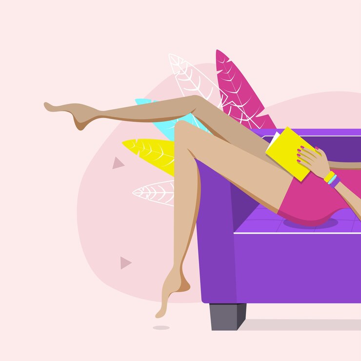 Vector libro de lectura de niña acostado en el sofá con las piernas echadas hacia atrás. ilustración vectorial.