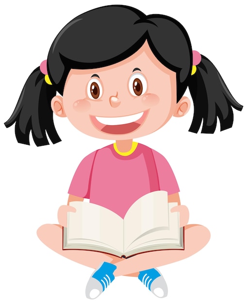 Vector libro de lectura de niña feliz de dibujos animados