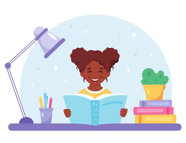 Libro de lectura de niña negra Niña estudiando con un libro