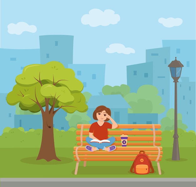 Libro de lectura de niña sentada en un banco en el parque