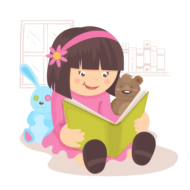 Libro de lectura de la niña en su habitación con juguetes ilustración vectorial