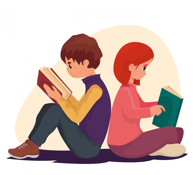 Vector libro de lectura de niño y niña