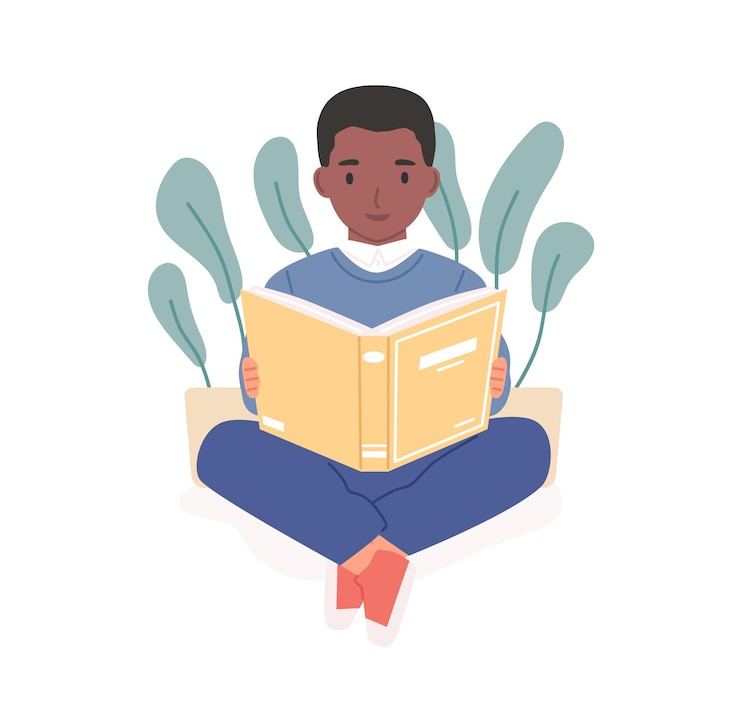 Vector libro de lectura de niños africanos felices. niño afroamericano estudiando con libros de texto. niño inteligente con la literatura. ilustración de vector de dibujos animados planos coloreados de colegial aislado sobre fondo blanco.