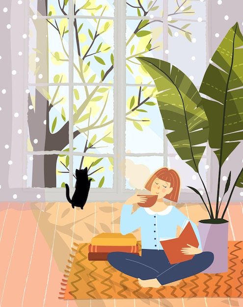 Vector libro de lectura de ocio de mujer en un acogedor apartamento plano de diseño de interiores con ventana de naturaleza grande.