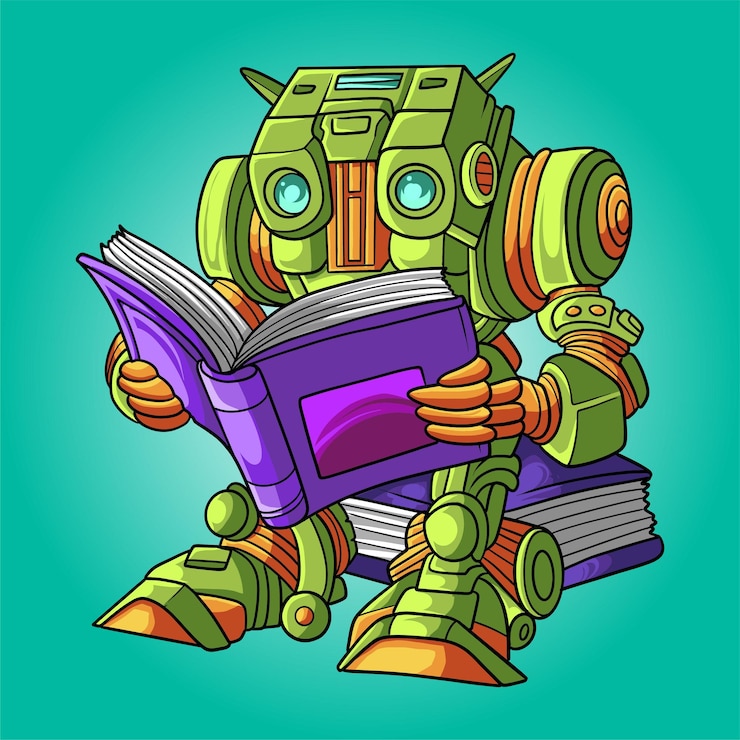 Vector libro de lectura de robot sentado en libro de pila