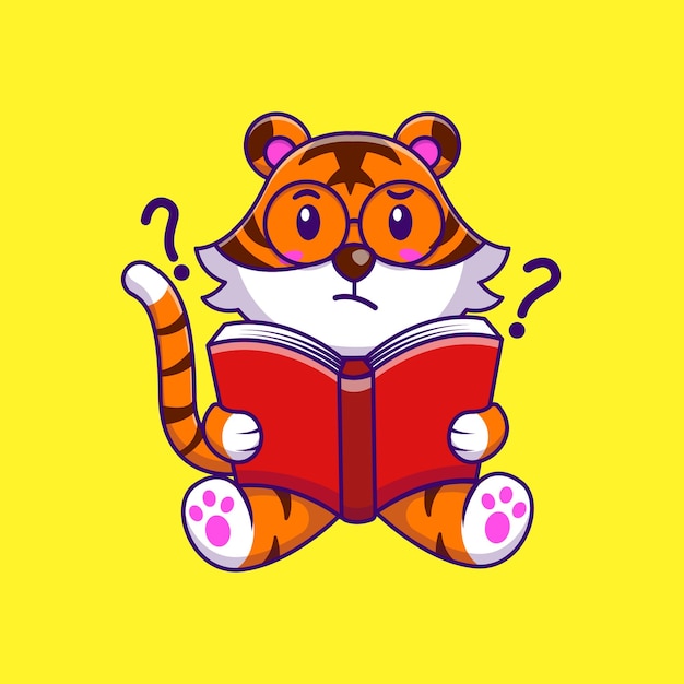 Libro de lectura de tigre lindo iconos de dibujos animados vectoriales ilustración concepto de dibuyos animados planos