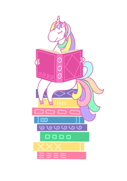 Libro de lectura de unicornio en pila de libros