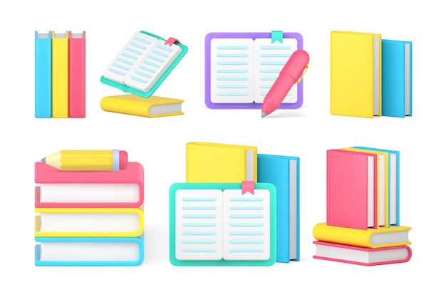 Libro libro de texto biblioteca librería literatura aprendizaje educación conocimiento conjunto 3d icono vector realista