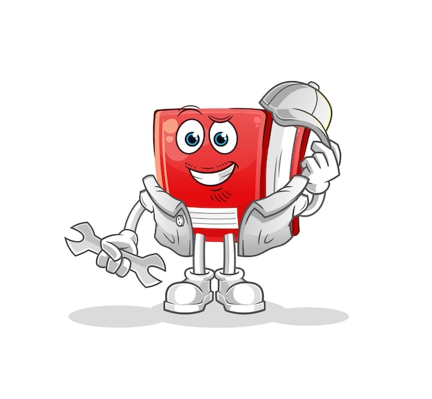 libro, mecánico, caricatura, caricatura, mascota, vector