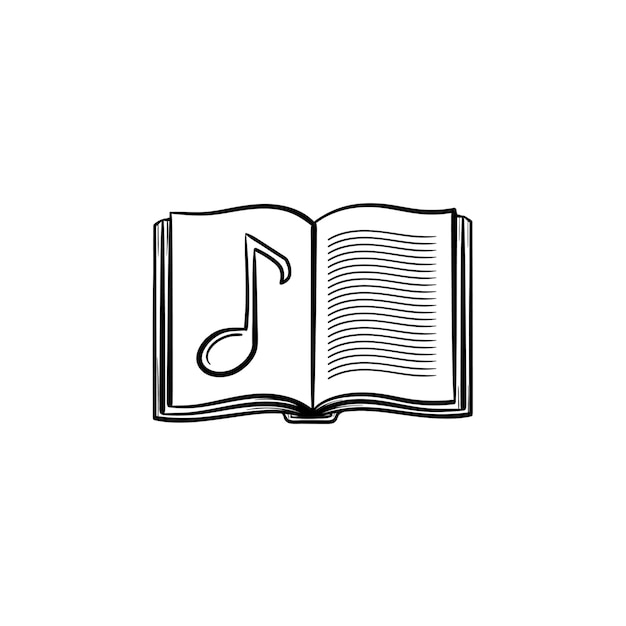 Libro de música con contorno dibujado a mano nota doodle icono. libro de música de escuela abierta con ilustración de dibujo de vector de nota musical para impresión, web, móvil e infografía aislado sobre fondo blanco.