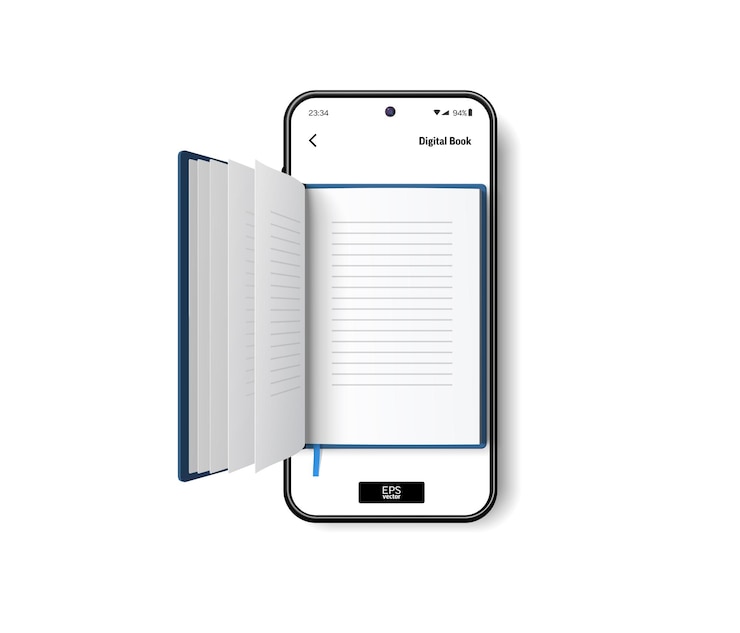 Vector libro de papel abierto en la pantalla del teléfono móvil literatura digital para aprender y leer en línea 3d ilustración vectorial realista sobre fondo blanco
