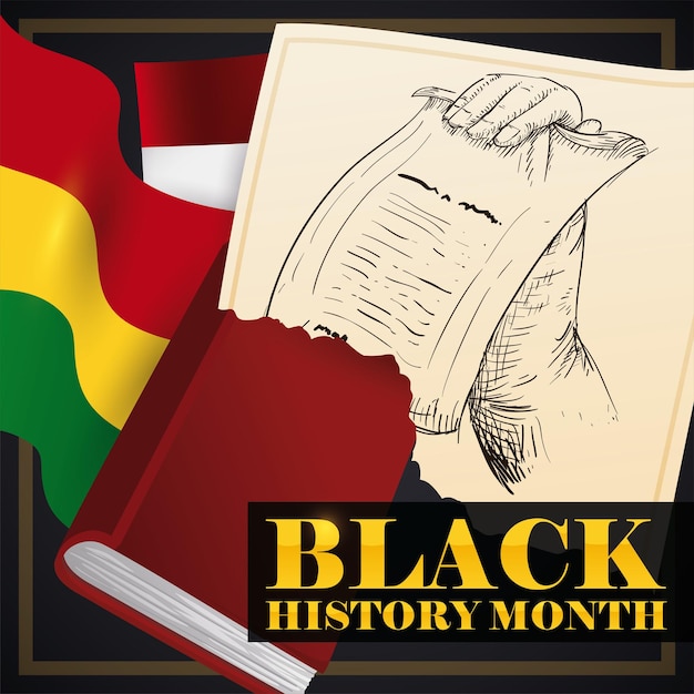 Vector libro de pergamino de calendario de bandera y dibujo de puño para el mes de la historia negra