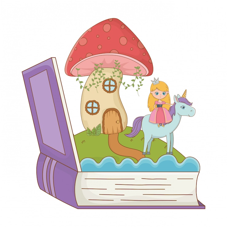Vector libro y personaje de la ilustración de vector de diseño de cuento de hadas