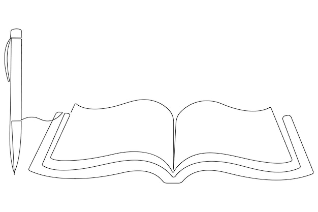 Libro con pluma dibujo artístico de una línea de contorno ilustración de arte vectorial