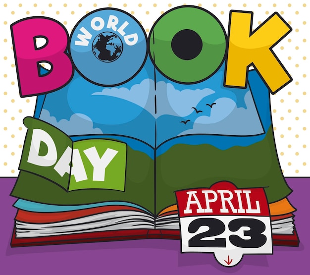 Libro pop-up infantil abierto con elementos plegables con vista al cielo azul y recordatorio para el Día Mundial del Libro