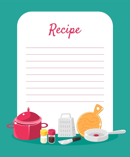 Vector libro de recetas decorado con herramientas de cocina tarjeta con líneas para la colocación de recetas ilustración vectorial colorida