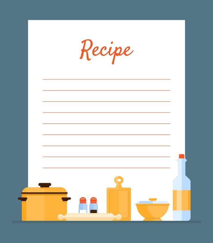 Vector libro de recetas decorado con herramientas de cocina tarjeta con líneas para la colocación de recetas ilustración vectorial diseño web