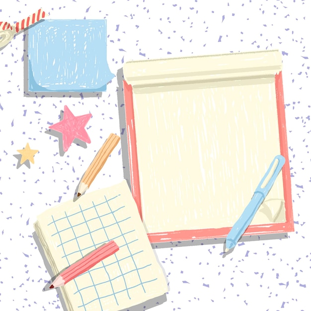 Libro de recortes en blanco en un vector de fondo de confeti