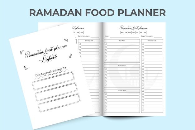 Libro de registro interior del planificador de alimentos del festival musulmán Ramadán Suhoor diario de iftar y rastreador de refrigerios interior del diario Planificador de comidas diarias de Ramadán interior del cuaderno Interior de la plantilla del diario