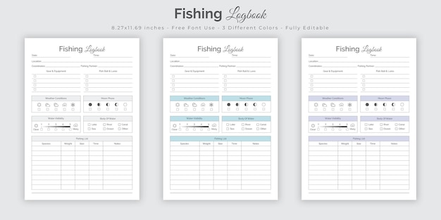 Vector libro de registro de pesca y plantilla de diseño de interiores de cuaderno planificador de seguimiento de pesca