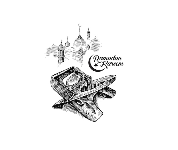 El libro sagrado del Corán en el soporte Dibujado a mano Ilustración vectorial