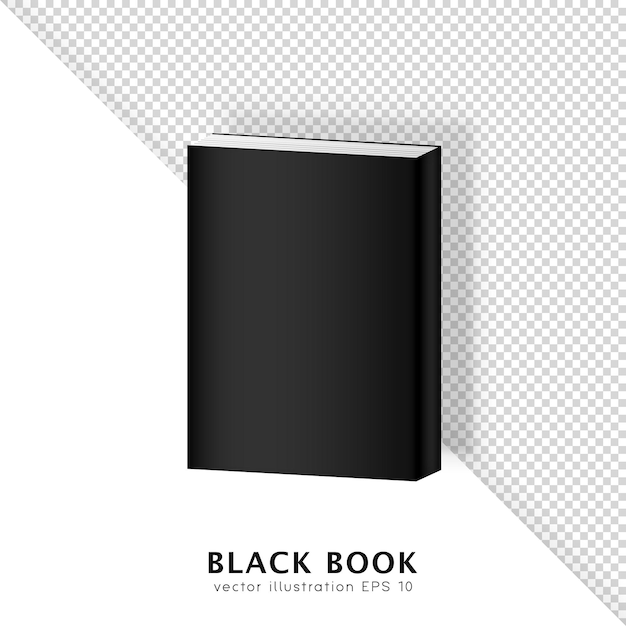 Libro de tapa dura negro isométrico realista aislado sobre fondo blanco y transparente. Maqueta 3D