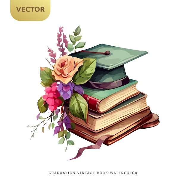 Vector libro vintage con sombrero de graduación y hermosas flores aisladas sobre fondo blanco ilustración de vector de diseño de acuarela de graduación