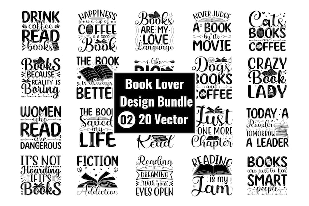 Libros 20 Vector Design Bundle SVG Diseño de libro Book lover typography t shirt design vector