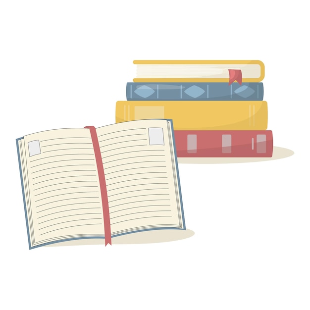 Libros abiertos y cerrados en montones y por separado en estilo de dibujos animados sobre fondo blanco Vector