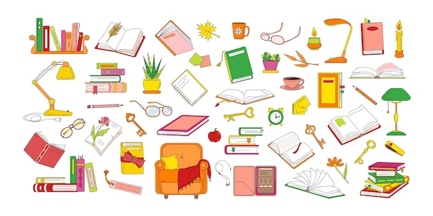 Libros antiguos y nuevos abiertos y cerrados en pila leyendo objetos relacionados Conjunto de estilo retro de dibujos animados planos
