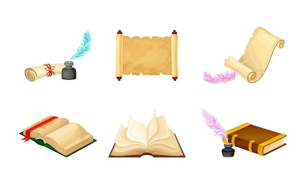 Libros antiguos en tapa dura con páginas y rollos con conjunto vectorial de plumas