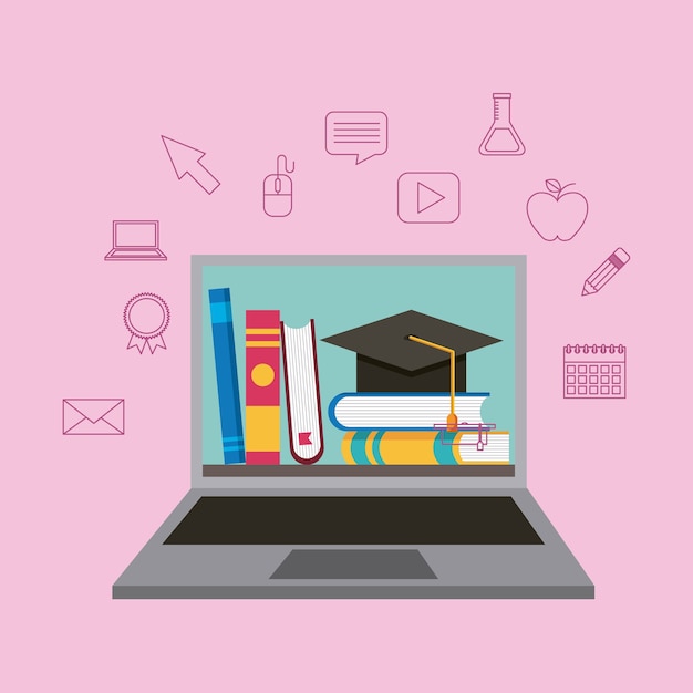 libros de aprendizaje y sombrero de graduación en la computadora portátil