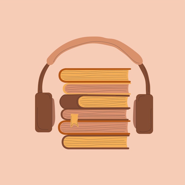 Libros de audio con ilustración de vector de concepto de auriculares, auriculares de dibujos animados planos con pila de libros, idea
