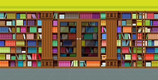 Libros en la biblioteca con armarios y escaleras.