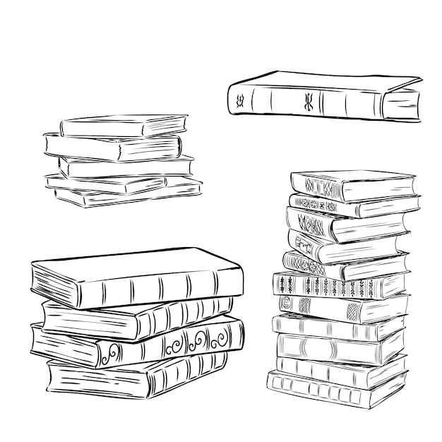 Libros colección de vectores pila de libros ilustración dibujada a mano en la tienda de libros de la biblioteca de estilo boceto