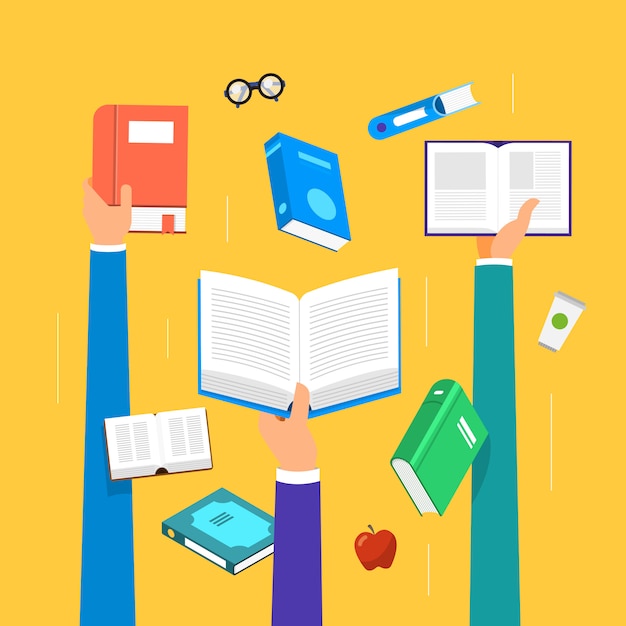 libros de conceptos. La educación y el aprendizaje con las manos sostienen los libros. ilustrar.