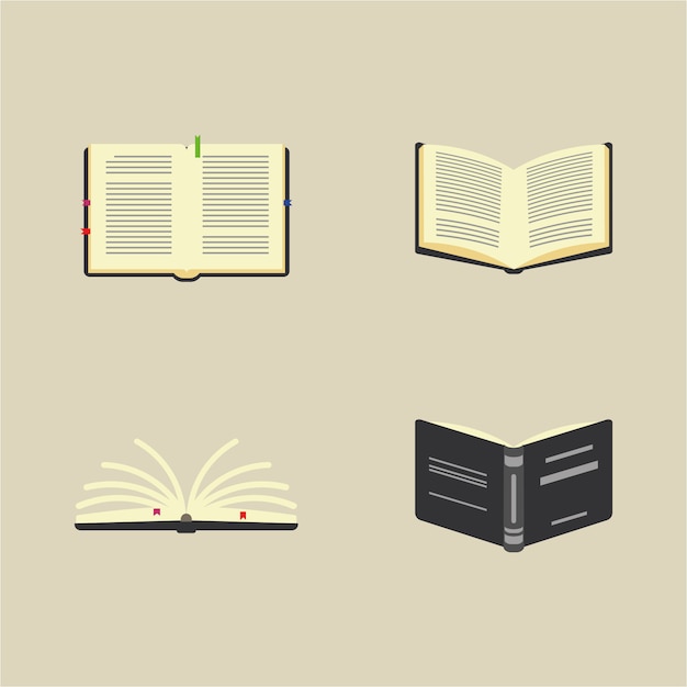 Libros, conocimiento y kit de lectura. Pictogramas de libros abiertos, pilas de libros. Ilustración de vector colorido de dibujos animados plana.