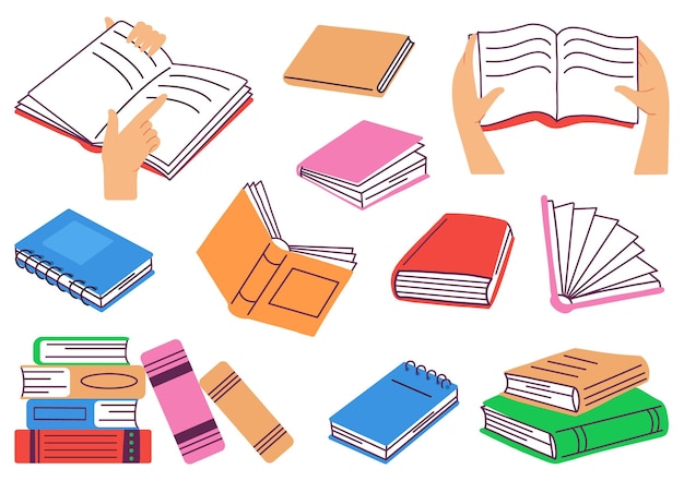 Libros y cuadernos aislados Pila de libros de librería y papel para notas Libro de texto de icono de diario para estudio Lectura de biblioteca y educación conjunto de vectores decentes