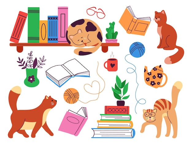 Libros y gatos estudiar gatos y montones de libros librería elementos hygge leer o contar historias acogedoras estanterías de la biblioteca del hogar estudiar elementos vectoriales decentes