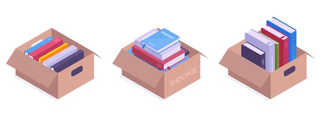 Libros isométricos en cajas de cartón Enciclopedia de donación de libros y pila de libros de texto ficción fantasía o literatura educativa 3d conjunto de ilustraciones vectoriales