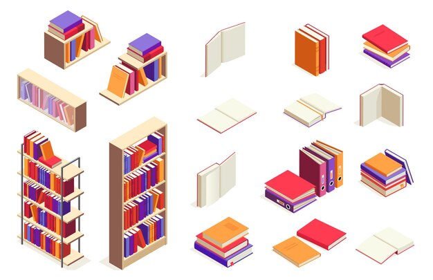 Vector libros isométricos pila de libros abierta y cerrada libro de texto universitario enciclopedia cuaderno y revista concepto de educación 3d vectorial