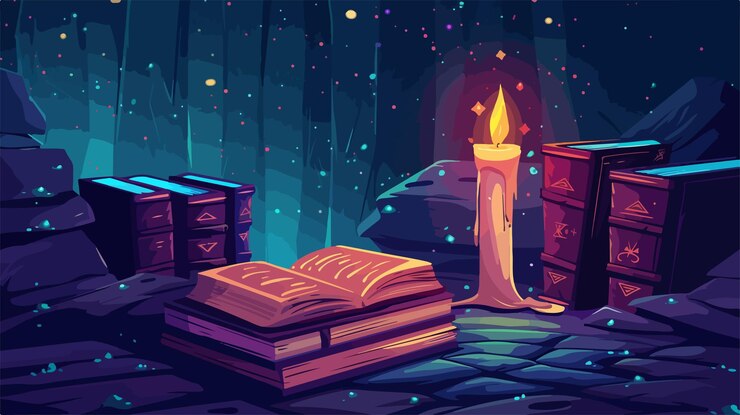 Vector libros de juegos de fantasía mágica e icono de vela