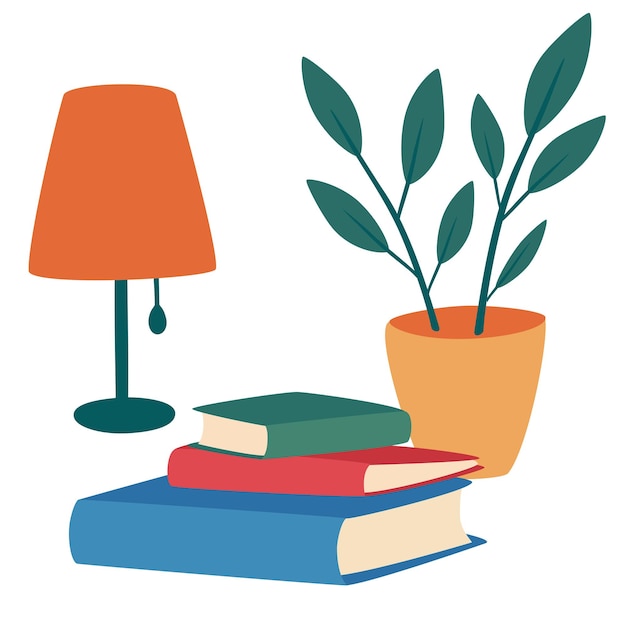 Libros, lámpara de mesa y composición de plantas de interior. Amo los libros. Escena acogedora con una pila de libros de texto. Ocio, afición o preparación de exámenes. Libros de texto educativos o de entretenimiento. Ilustración vectorial.
